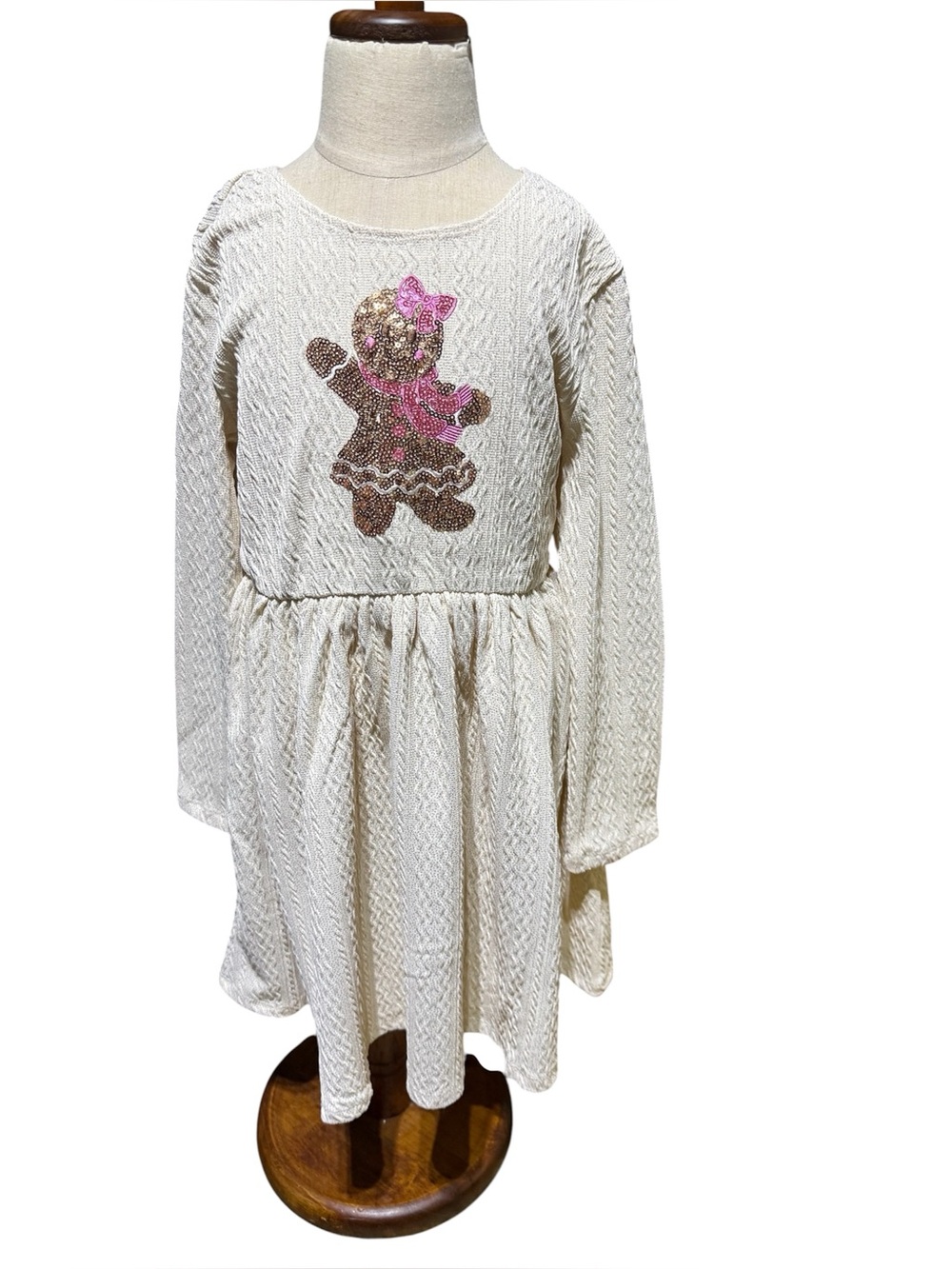 New lilt Cream Textured Knit Dress|Pink & Gold Sequin Appliqué|Gingerbread Girl